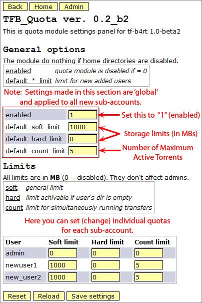 How to apply 'disk and torrent limits' to users