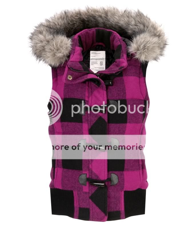 NWT Aeropostale WMS Plaid Wool Vest Fur Hood Medium  