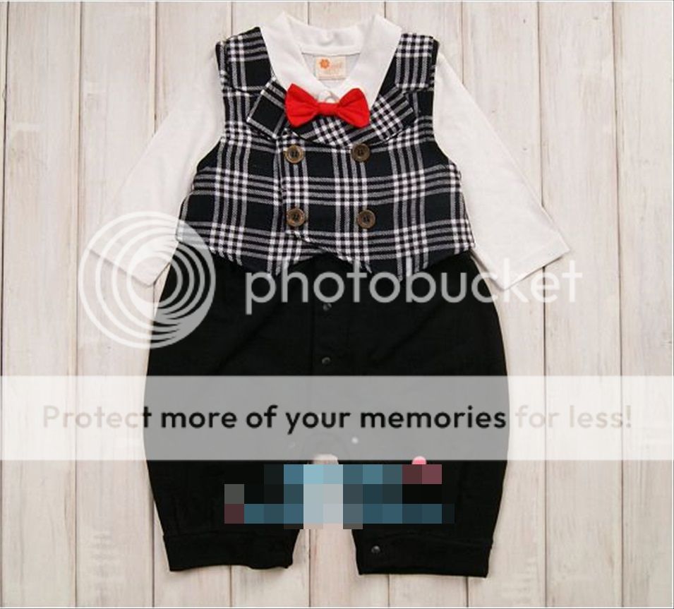 Baby Boy Wedding Check Stripe Tuxedo Suit Bowtie Romperoutfit Vest Set 6 24M